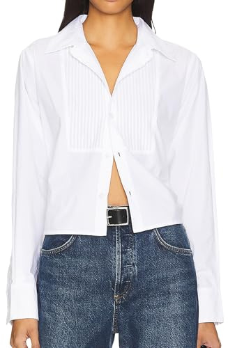 SUNNOW Women's White Boxy Cropped Tuxedo Button Up Shirt Long Sleeve Blouse Dressy Casual Tops