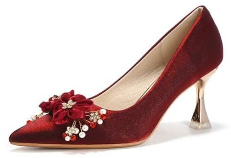 Zapatos de tacón alto elegantes para mujer, diseño de flores, color rojo, sin cordones, puntiagudos, para novia, boda, rojo vino, 38 EU