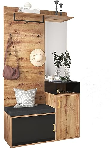 Garderobenständer mit Schuhbank und Spiegel, Flurgarderobe aus Holz in neutraler Farbgebung, Garderobenset mit Sitzbank, Schuhschrank, Wandgarderobe und Haken für Flur und Eingangsbereich (Black)