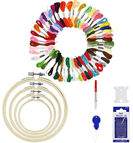 Kit per ricamo, set da ricamo, 50 fili di colore, 4 telai da ricamo in bambù, strumenti per punto croce, per adulti e bambini, principianti