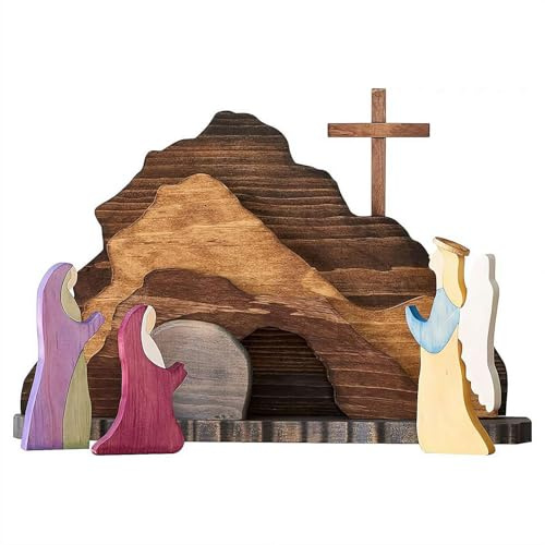 Wooden Easter Resurrection Scene Decor, Religious Cross Tomb Angel Figure Set, Handcrafted Layered Wood Nativity for Easter, Mantel Shelf Table Centerpiece, 22cm/8.7 Tall