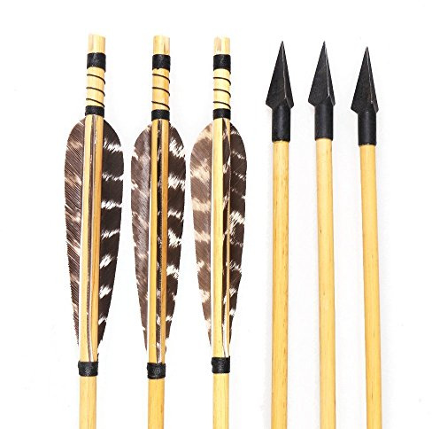 Huntingdoor 6 pièces flèches en Bois de tir à l'arc avec Plumes Naturelles 32 Pouces Flèches de Chasse flèches de ciblage Artisanale avec tête Large en métal 150 Grains pour Arc Traditionnel