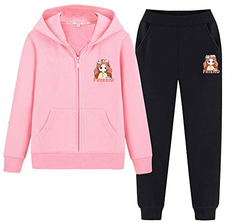 SXSHUN Survêtement Sport Ensemble Fille Pull À Capuche (Sweater+Pantalon) Tenue Vêtement de Jogging, Princesse Rose + Noir, 13-14 Ans / 160