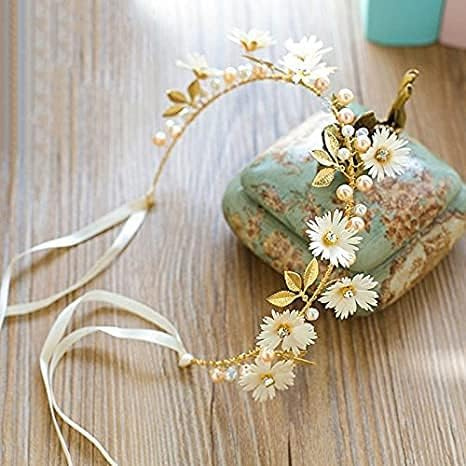 JIAHEY Bandeau Couronne de Fleurs Marguerite Bijoux Cheveux Mariage Doré Perles Cristal avec Ruban Accessoire Cheveux Mariage Serre Couronne Fleur Cheveux Tête Headband Femme Enfant Mariée Demoiselles