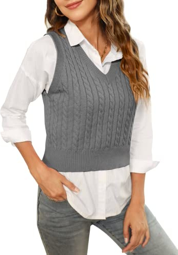 HOCOSIT Women's Knitted V-Neck Vest Argyle Plaid Preppy Style Sleeveless Pullover Crop Sweater Vest Grey Small