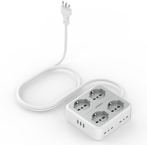 TESSAN Ciabatta Multipresa con 4 Schuko 16A e 4 Prese 10A e 3 USB, Presa Multipla con Interruttore e Prolunga Elettrica 2 Metri, 3680W Multipresa da Scrivania Piatta 16A, Grigio