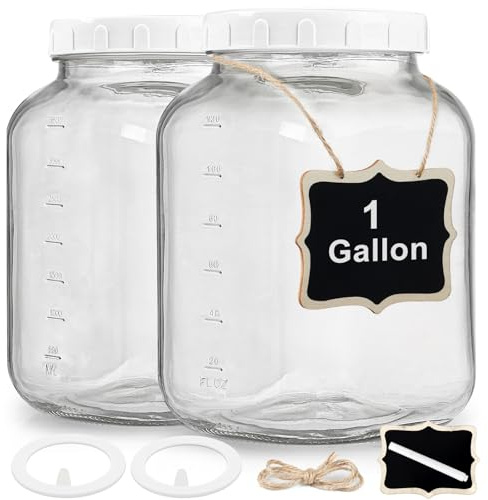 2 Pack Wide Mouth 1 Gallon Clear Glass Jar with Lid, Heavy Duty Airtight Screw Lid with Silicone Gasket - Large Mason Jar with 2 Scale Mark for Fermenting Kombucha and Storing Food(Extra 2 Gaskets)