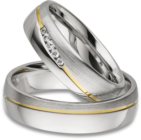 Kolibri Rings Eheringe Set 925 Silber, Gelb Vergoldet mit 5 Zirkonia in Kanalfassung | Partnerringe, Trauringe Paarpreis | Made in Germany mit Gratis Gravur & Etui