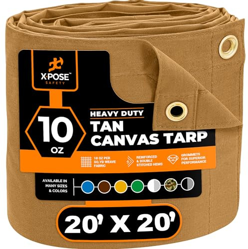 Xpose Safety Canvas Tarp - 10oz Tan Canvas Tarps Heavy Duty Water Resistant with Brass Grommets- Multipurpose Outdoor Tarpaulin for Camping, Canopy, Trailer, Equipment Cover 20' x 20'