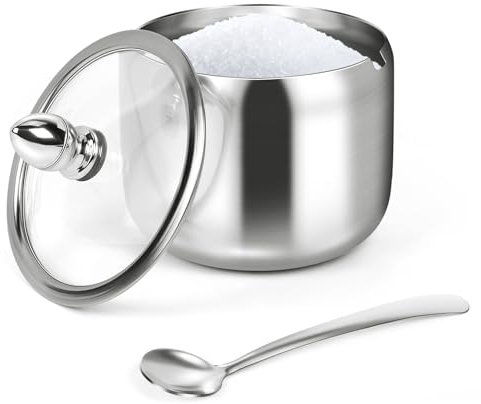 holoith Azucarero con tapa de cristal y cuchara, acero inoxidable, azucarero para café, bar, estación, accesorios, almacenamiento de cocina para sal, dulces, granos de café (plata)