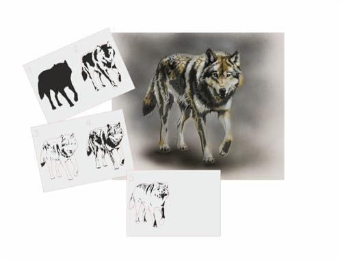 AS-364 Wolf Step by Step - Plantilla para acrílico, aerógrafo, aerosol, pintura y pintura de pared, tamaño L