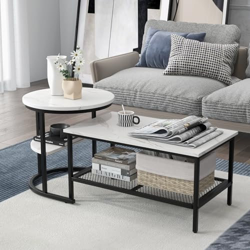 Multigot Nesting Coffee Table Set of 2, Faux Marble Cocktail Center and Round End Table with Storage Shelf & Adjustable Foot Pads, Metal Frame Accent Sofa Side Desk (Black + White)