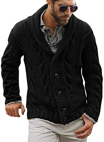 Runcati Jersey de punto grueso con cuello chal y mangas largas para hombre con botones, Negro , XL