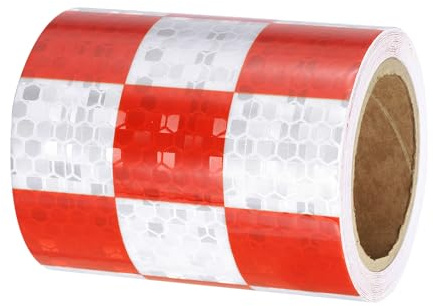 PATIKIL Cinta Reflectante Adhesiva, 7.5cm x 3 m PVC Cinta de Advertencia de Seguridad de Alta Visibilidad Impermeable para Nocturna Camiones Coches Ropa, Cuadro, Rojo Blanco
