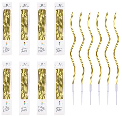 48 Velas de Cumpleaños Dorado en Espiral, Velas Largas para Tartas y Cupcakes, Velas Doradas Ideal para Celebraciones de Cumpleaños, Aniversarios de Boda y Más, Elegantes y Brillantes