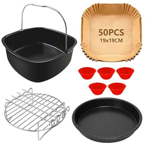 YINGRACE 21 CM Heißluftfritteuse Zubehör Kompatibel für Philips Airfryer XL 6,2L, Tefal 5L, COSORI 4,7L, BPA-frei Quadrat Airfryer XL Zubehör 5PCS mit Backpapier für Heißluftfritteuse