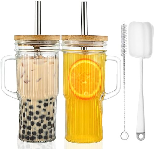 ALINK 24oz gerippte Glasbecher mit Deckel und Strohhalm, 2 Pack Glasbecher mit Griff, wiederverwendbare Eiskaffeebecher, weithalsige Mason Jar Boba Smoothie Becher, Trinkgläser
