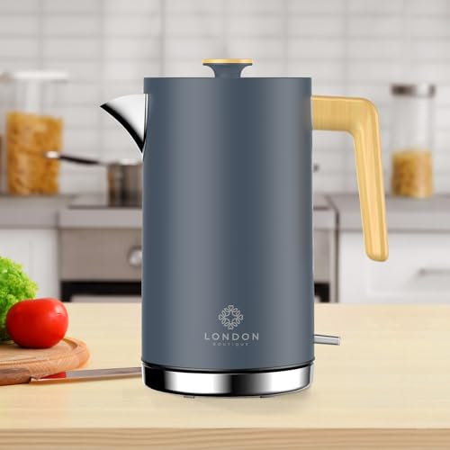 London Boutique Electric Kettle, Stainless Steel kettles Electric, Cordless Fast Boil Electric kettle with Wood Effect, Boil Dry Protection, Anti-Scale Filter, UK Strix Controller,3KW Grey