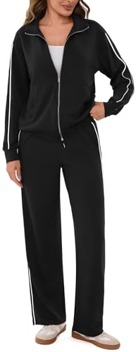 Terecey Survêtement Femme Ensemble Rayé avec Haut Zippé Contrasté et Pantalon Droit à Cordon Ensemble Jogging Femme Stylé pour Fitness Maison