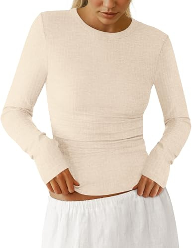 PRETTYGARDEN Womens Long Sleeve Shirts 2026 Ribbed Knit Slim Fitted Basic Tee Casual Going Out Tops Underscrubs Fall Clothing (Beige,Small)