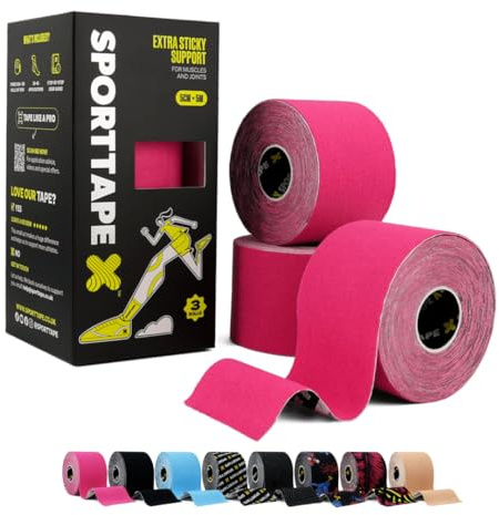 SPORTTAPE Kinesiology Tape - 5cm x 5m, 3 Rolls, Pink - Extra Sticky | Kinetic Physio Tape for Muscle Injury Recovery, Sports Strapping, Knee Pain, Joint Support & Blisters - Single Uncut Rolls