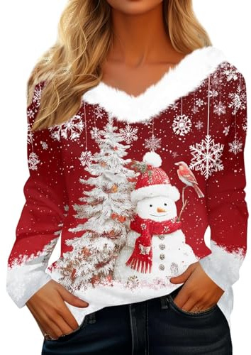 Générique Pull De Noel Femme Col V Polaire Tshirt Noel Hiver Polaire Moche Pulls Manches Longues Chaud Sweat Ugly Christmas Sweater