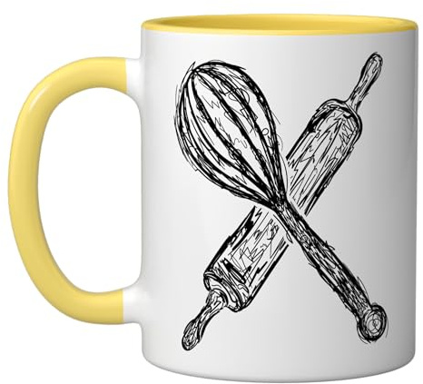 Rolling Pin And Hand Mixer Sketch Baking Enthusiast Pastry Ceramic Mug, Yellow/White