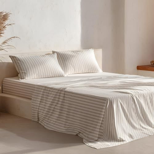 GAMUSI Juego de sábanas Rayas Cama 180 x 190/200, 100% Algodón, 4 Piezas, Transpirable, Suaves, Color Beige