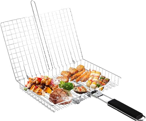 Fisch Grillhalter Grillkorb Fischbräter Edelstahl Faltbarer Grillkorb mit Abnehmbarem Griff Geeignet für den Grill im Freien für Fisch, Gemüse, Steak, Shrimp & Chops