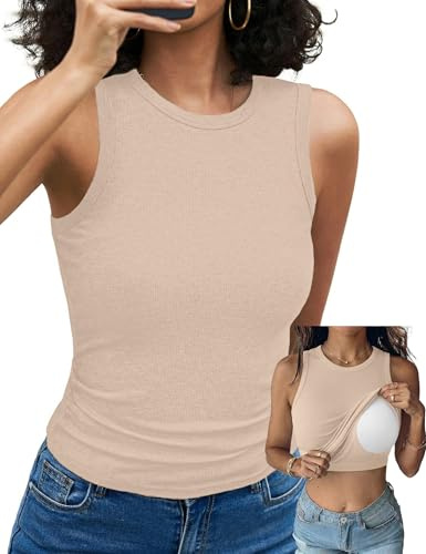 Aottori Womens Tank Tops Summer Sleeveless Basic Vest Top Round Neck Ribbed Camisole Plain Slim Fitted Racerback Cami Shirts