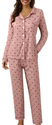 Generico Pigiama Donna Cotone Leggero Lungo Aperto Davanti con Bottoni 2 Pezzi Estivo Top Manica Lunga E Pantaloni Morbidotraspirante Elegante E Abbigliamento da Casa da Donna (I, M)