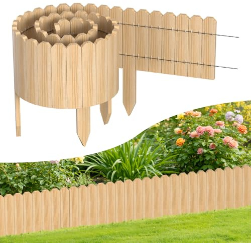 Monucep trärabattinfattning, 10 x 200 cm, flexibel gräskant av trä för trädgård, blomrabatter och gräsmattor, klippkant rullbord, staket för blomrabatter, natur, höjd 10 cm