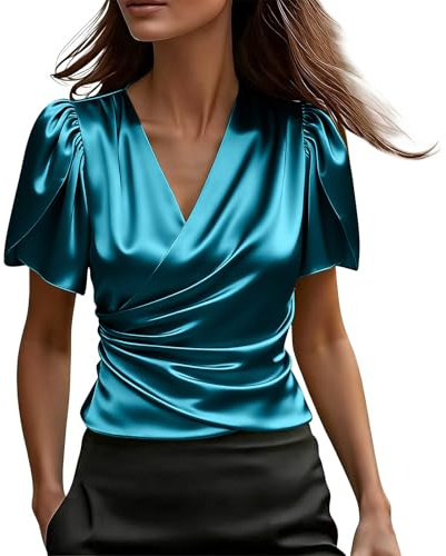 Générique Chemisier Femme Satin à Manches Ballon Col en V Chic et Élégant Blouse Soie Tee Shirt 2026 Mode Shirts Haut de Travail Business Top Tunique Femmes Été Vêtements Bleu Ciel XL
