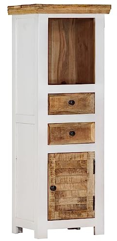Augerqir Armoire haute en bois massif de mangue et acacia - Marron et blanc - 40 x 30 x 110 cm - Meuble de rangement multifonction - Armoire de ménage - Commode