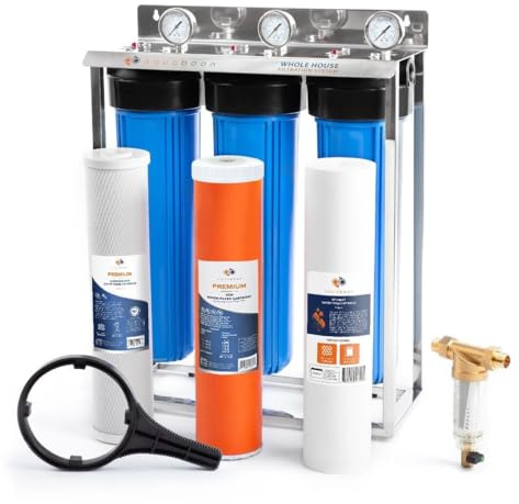 Aquaboon 3-Stage Whole House Water Filter System with 5 Micron 20x4.5 Reducing Sediment and KDF Heavy Metals Water Filter Purification Cartrige, Pressure Gauges, Wrench, Bracket