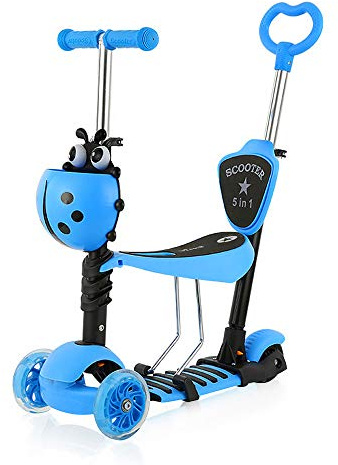 Dripex 5-in-1 Kids Scooter Toddler Scooter with Flashing Led Light Up Wheels 3 Wheels Kick Scooter with Adjustable Handlebar Removable Seat and Push Handle (Blue)
