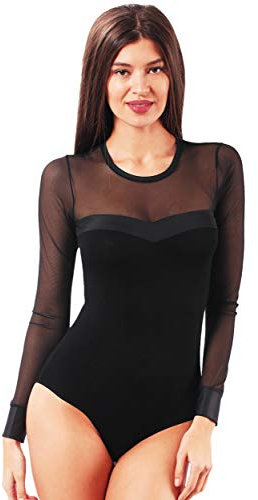 VEDATS Damen Body Langarm Rundhals Bodysuit mit transparentem Netzeinsatz (M)