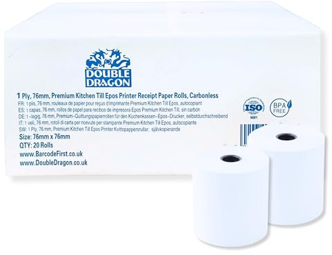 Rollos de Papel Sin Carbono Double Dragon 76x76mm, una capa, para impresoras de cocina, calculadoras y cajas registradoras no térmicas (Star, Clover, Bixolon). Pack de 20 rollos