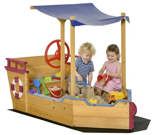 Outsunny Sand Pit, Kids Wooden Sandbox Pirate Ship, Sandboat Play Station with Canopy Shade, Storage Bench and Bottom Liner for Outdoor Garden