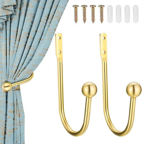 XxinXrongMetal Curtain Holdbacks, 2 Pcs Curtain Drapery Holdbacks, Curtain Tieback Hooks, Wall Mounted Window Curtain Holder Hooks, Drapery Holdbacks for Fixed Curtain or Hanging Items (Golden)