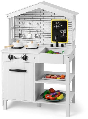 FANTASK Cocina Infantil con Accesorios de Juego, Cocina de Madera con Pizarra, Grifo y Fregadero, Cocina de Juguete de Madera para niños a Partir de 3 años