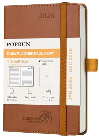 POPRUN Kalender 2026 Tagesplaner Softcover 16 x 10,5 cm, Tageskalender A6 1 Tag 1 Seite (Montag - Sonntag), Terminplaner (Jan.2026-Dez.2026) mit PU-Leder - Braun