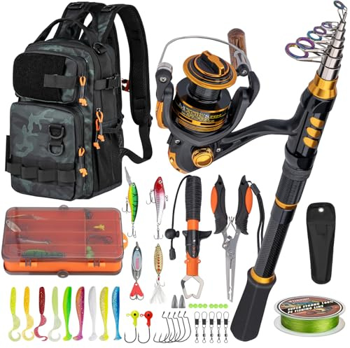 THKFISH Combo de caña de Pescar y Carrete con Mochila, Kit de Carrete Giratorio telescópico de 7 pies con señuelos de Pesca, alicates y Agarre de Labios de Pescado para Adultos, Camuflaje