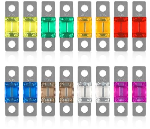 16 PCS 32V Midi Fuses Set Includes Two Each of 20/30/40/50/60/70/80/100 Amp | Durable Material High Current Car Fuses Bolt on Fuses for Marine Power System Electric Hybrid Vehicle Automobiles Car Audio