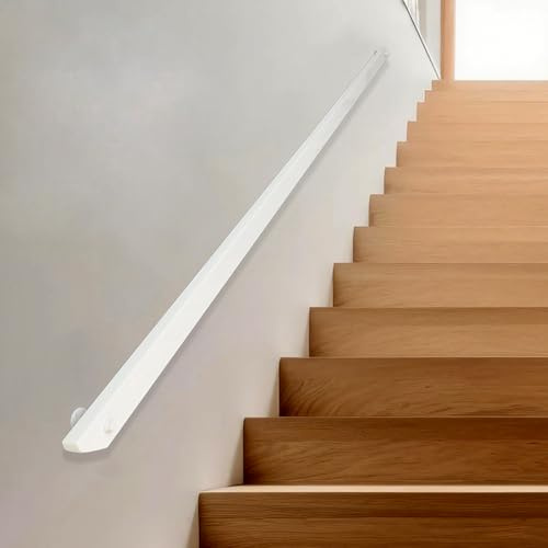 Wooden Staircase Handrail, Safe Indoor Wall Mounted Stairs Handrail, White Beveled Edge Pine Wood Staircase Handrail Armrest with Bracket, Suitable for Home Hospital Barrier (White, 200cm)