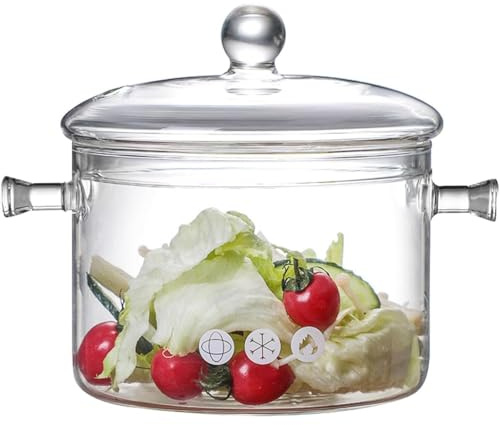 Glass Cooking Pots with Lids, 1400ml Heat-Resistant Borosilicate Glass Cooking Pan, Transparent Saucepan Stockpot with lid and Double Handles for Cooking, Melting Chocolate, Making Sauces