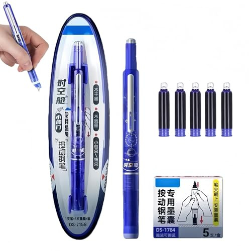 Yujinpu Fountain Retractable Pen,Retractable Pen,0.38mm Blue Ink,Transparent Barrel,Includes 5 Refillable Ink Cartridges,Writes Smoothly & No Leakage,R/etractable Fountain Pens for Writing(Dark Blue)