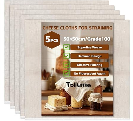 Tollume Cheese Cloths for Straining 5 PCS - Muslin Cloths for Cooking Unbleached Grade 100, 50 x 50cm Washable Hemmed Cheesecloth for Straining Nut Milk, Butter, Juice, Coffee, Jam & Wine Making