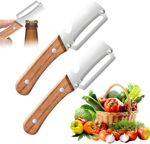 Wooden Handle Vegetable Peeler with Bottle Opener, 2-in-1 Stainless Steel Vegetable Peeler for Potato, Apple, Carrot | Lightweight Kitchen Tool for Fruit & Veggie Prep (2PCS)