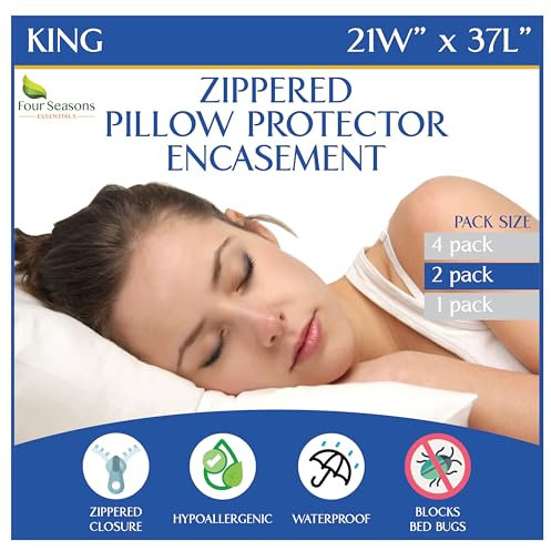 Four Seasons Essentials Waterproof King Pillow Protectors (Set of 2) – Zippered Pillow Cover Hypoallergenic Dust Allergy Proof Encasement